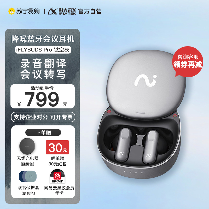 科大讯飞(iFLYTEK)录音降噪会议耳机iFLYBUDS Pro 无线蓝牙耳机 主动降噪入耳式 录音转文字苹果华为通用