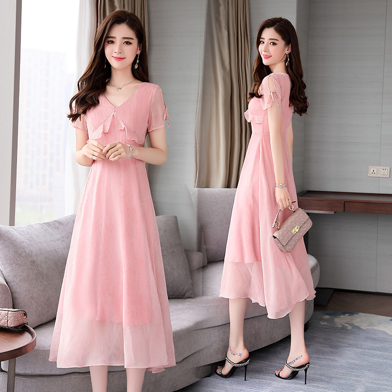 女士春夏装粉色中长款修身收腰a字大摆透视网纱裙子仙女裙连衣裙