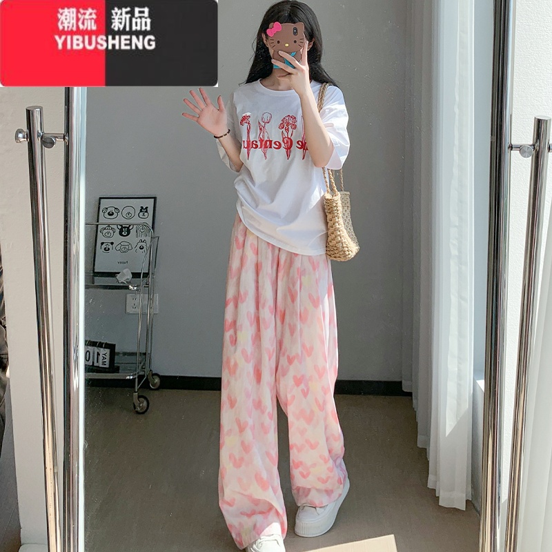 YIBUSHENG粉色爱心阔腿裤女高腰垂感季薄款2024新款休闲小个子冰丝山本裤高清大图