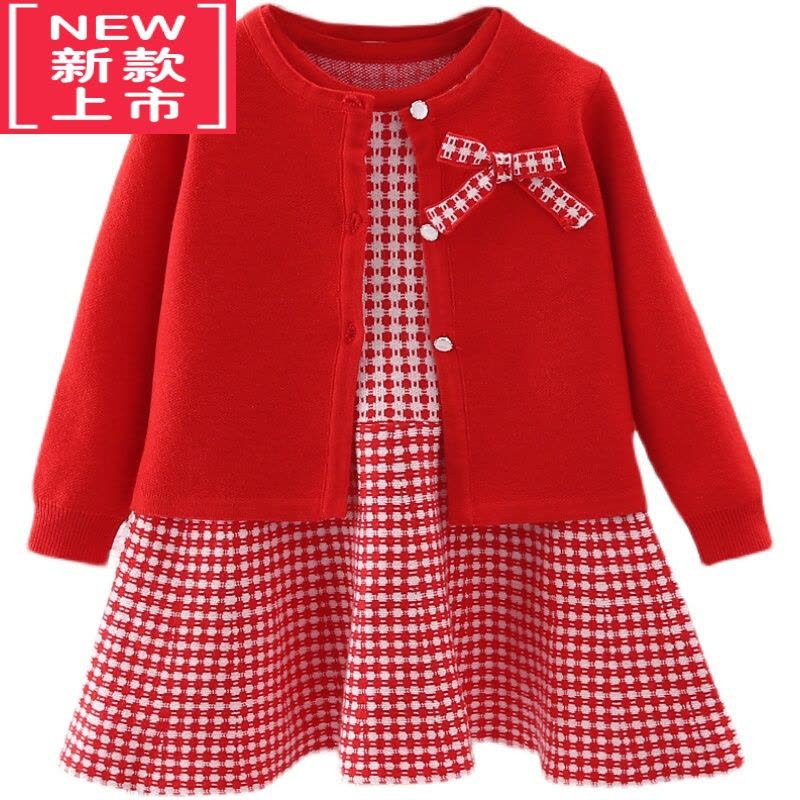 可莉允女童春秋装针织马甲连衣裙套装小童两件套上衣女宝背心毛衣裙时尚图片