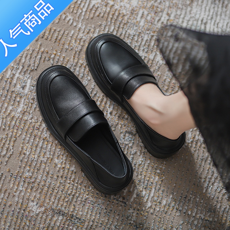 SUNTEK乐福鞋女中跟2023秋季新款黑色软皮小皮鞋英伦风气质厚底单鞋高清大图