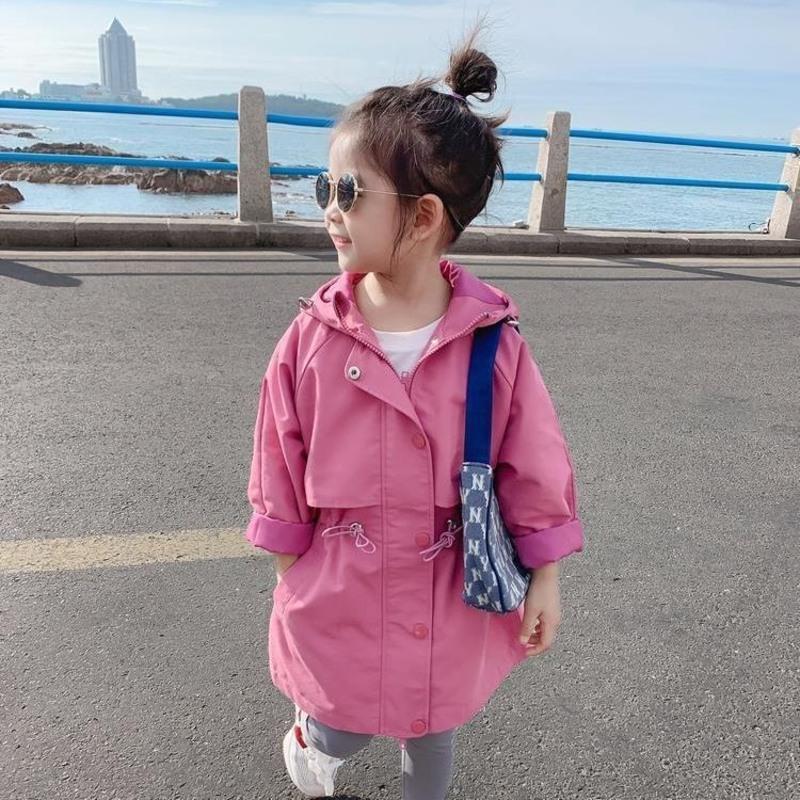 女童春秋装2021新款儿童韩版冲锋衣宝宝洋气大衣小童中长风衣外套 粉色 90 [建议身高85厘米左右]