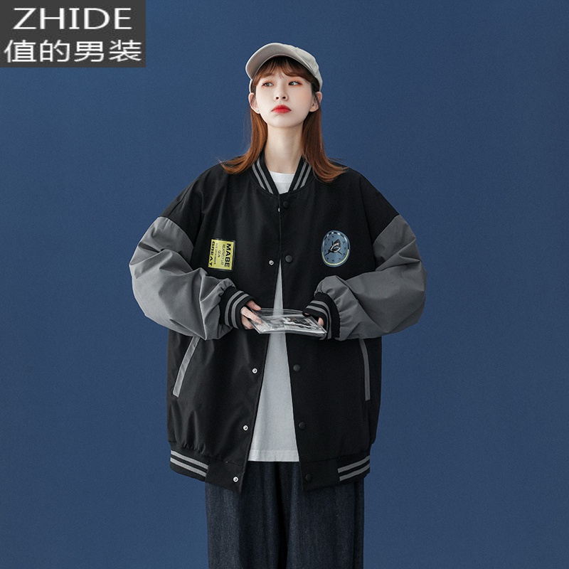 SUNTEKvibe棒球服复古盐系炸街外套男春秋甜酷hiphop上衣美式飞行员夹克夹克高清大图