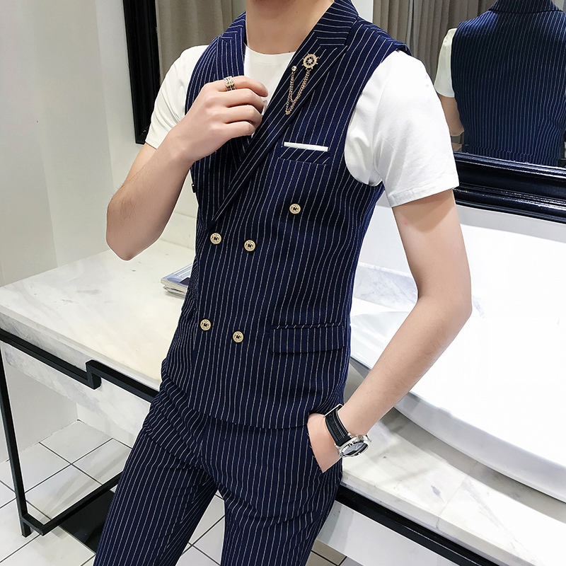 夜店型师型男条纹双排扣马甲青年韩版修身条纹男生工作服小码男