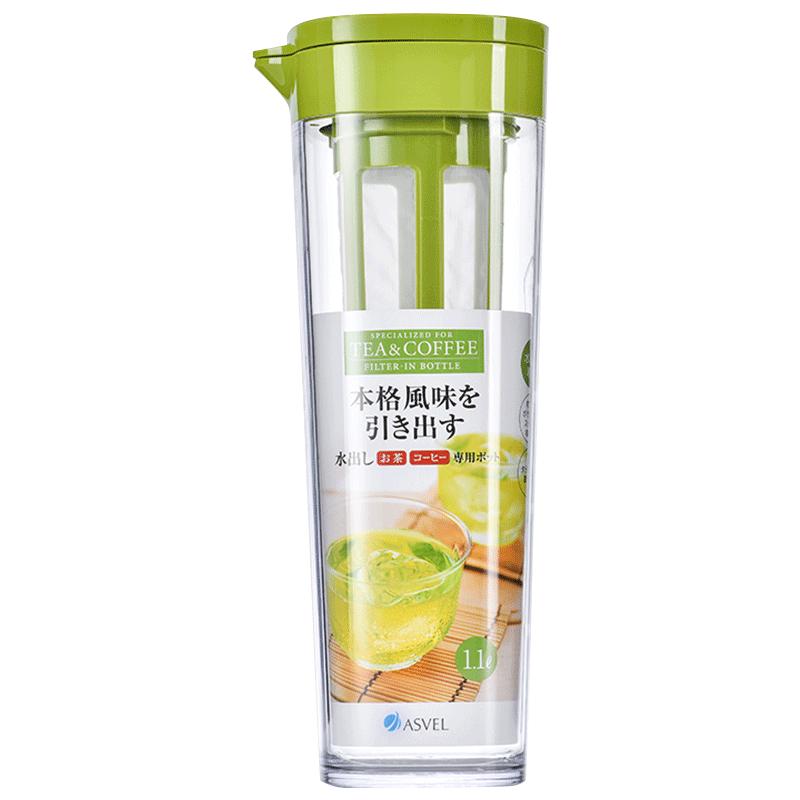 ASVEL 日本冷水壶夏凉开水杯耐高温家用 ASVEl大容量塑料果汁杯柠檬茶壶 1.1L带过滤 绿色