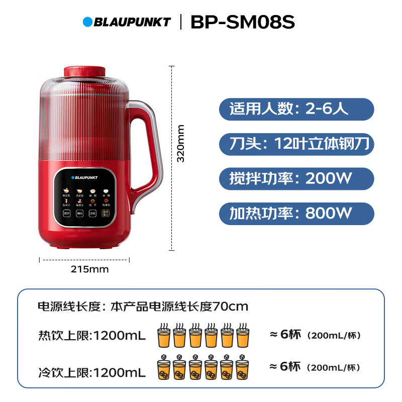 蓝宝(BLAUPUNKT)1.2L破壁豆浆机BP-SM08S 红色