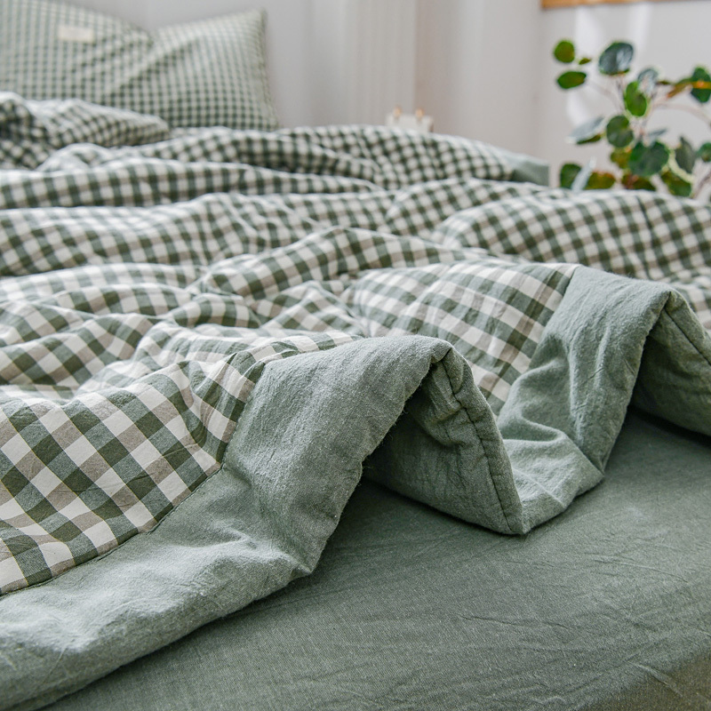 无印良品床上用品小清新四件套简约被罩床单三件套水洗棉时尚格子夏被