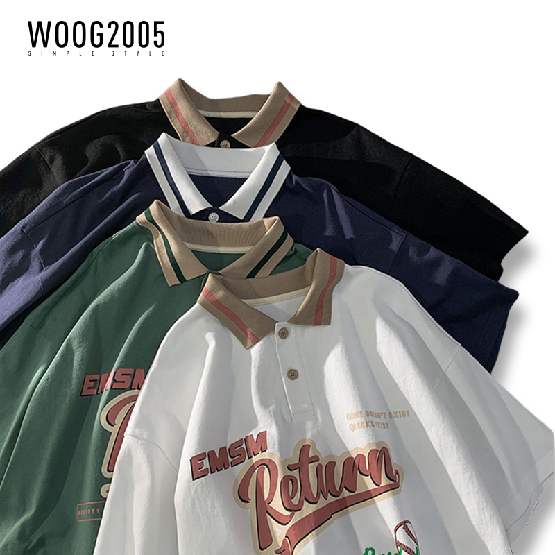 WOOG2005撞色翻领polo衫短袖男生夏季潮牌港风潮流宽松百搭t恤衫