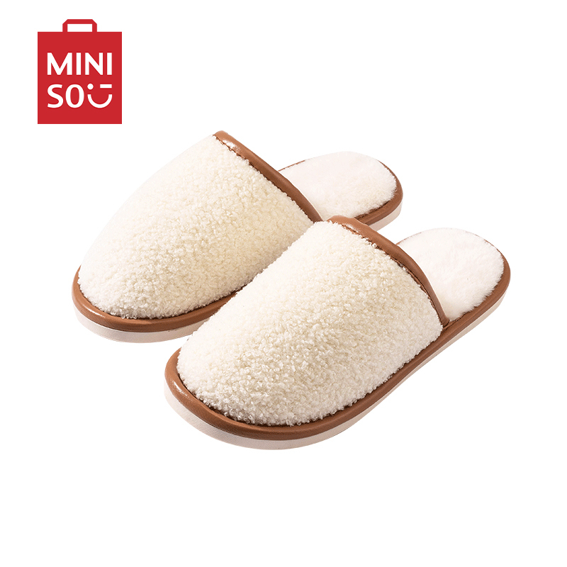 名创优品miniso简约系列毛绒女士棉擦地拖鞋米色4142码