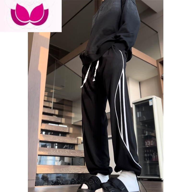 七斓黑白裤子男美式高街宽松抽绳运动裤vibe潮牌解构设计感休闲裤
