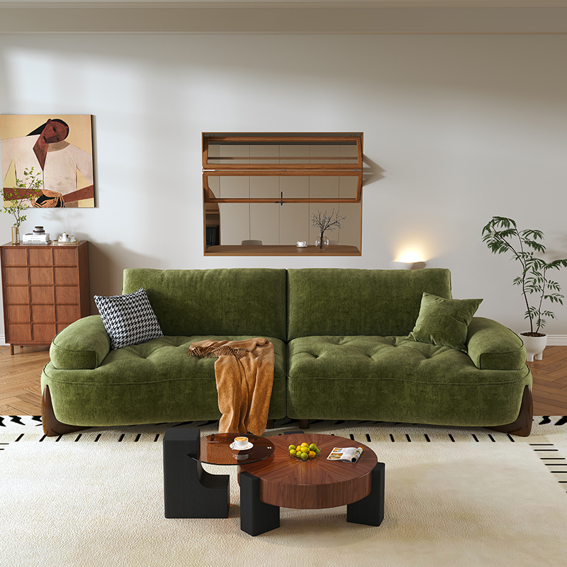 政府补贴中古风客厅靠背小户型弧形大坐深绿色复古风布艺沙发高清大图