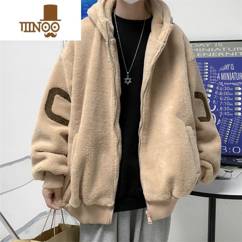 YANXU连帽羔绒外套男高街嘻哈宽松oversize休闲开衫棉衣夹克图片