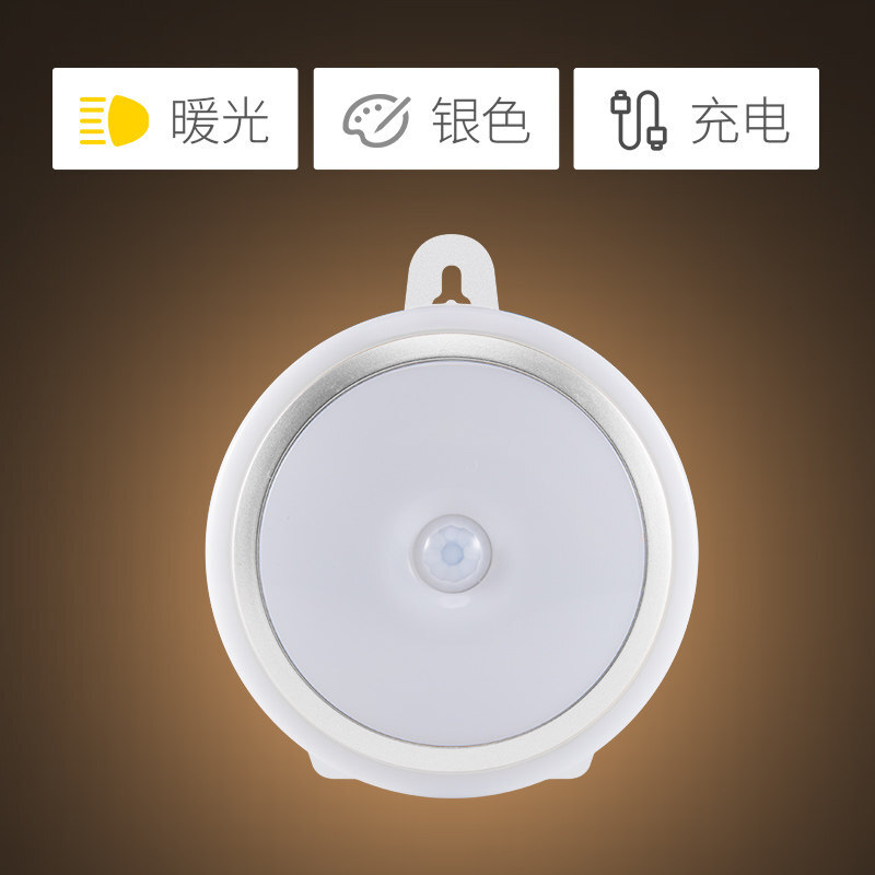 光控人体感应LED小夜灯泡过道楼道走廊声控家用厕所无线可充电池波迷娜BOMINA 银色暖光【充电】