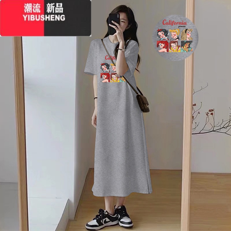 YIBUSHENG大码女装t恤连衣裙季长款过膝胖mm加肥遮肚子显瘦直筒长裙高清大图