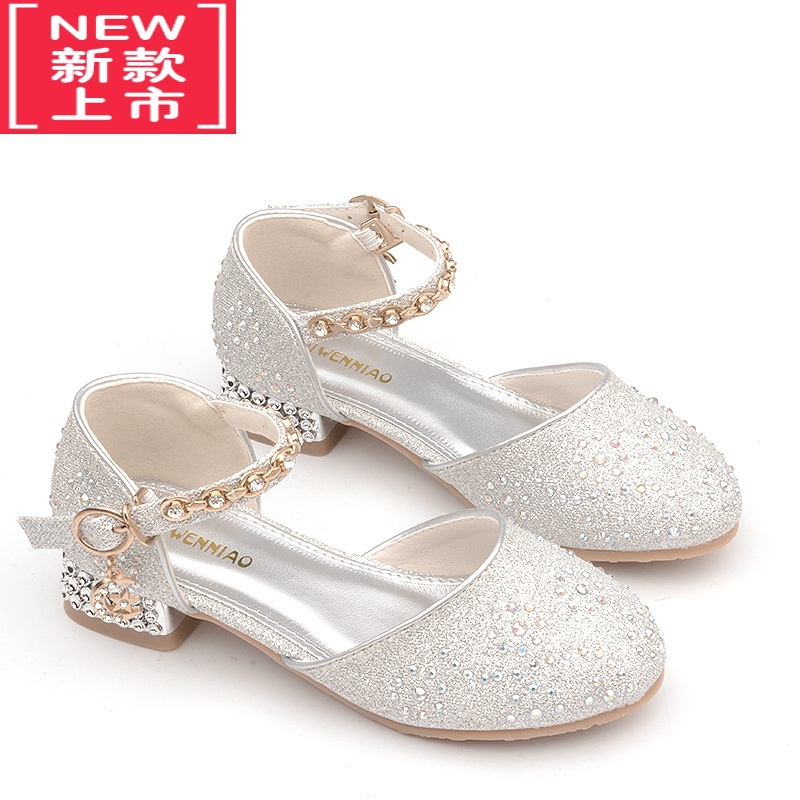 可莉允公主鞋女童小高跟鞋水钻白色包头皮鞋模特钢琴表演儿童礼服方跟鞋运动休闲鞋