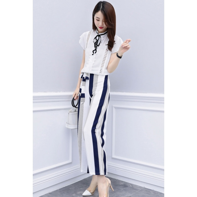 两件套装女士新品夏天时尚女士春夏款韩版条纹裤网红女神时尚 潮