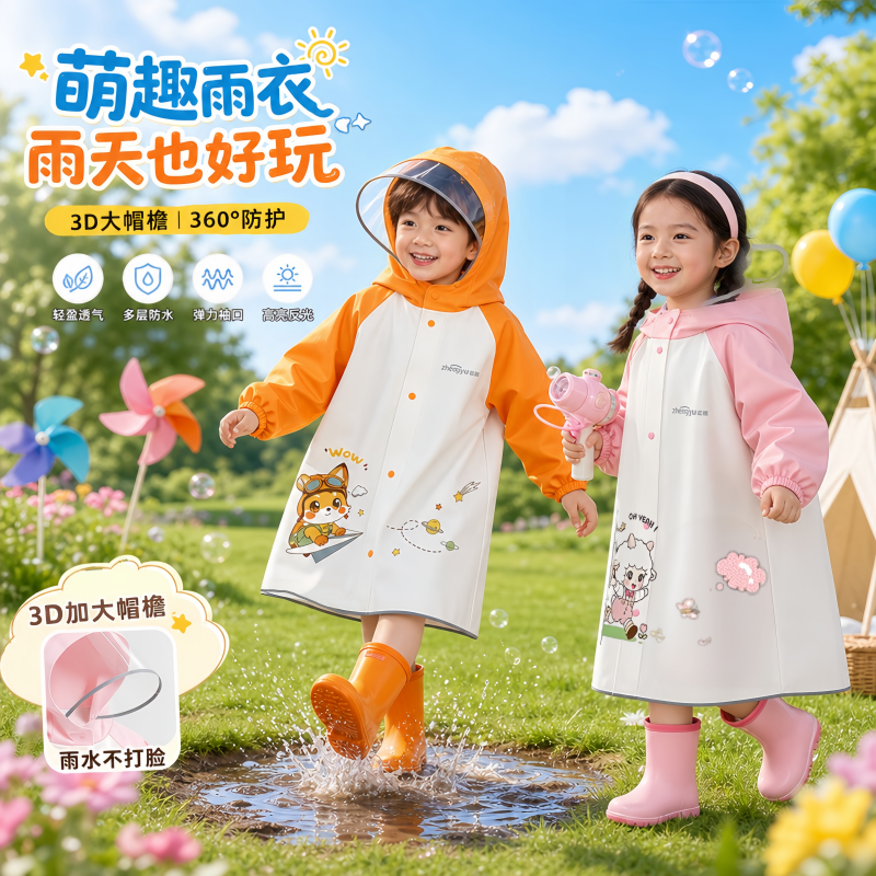 正雨儿童雨衣小学生2026新款防暴雨宝宝女孩女童带书包位雨披9063高清大图