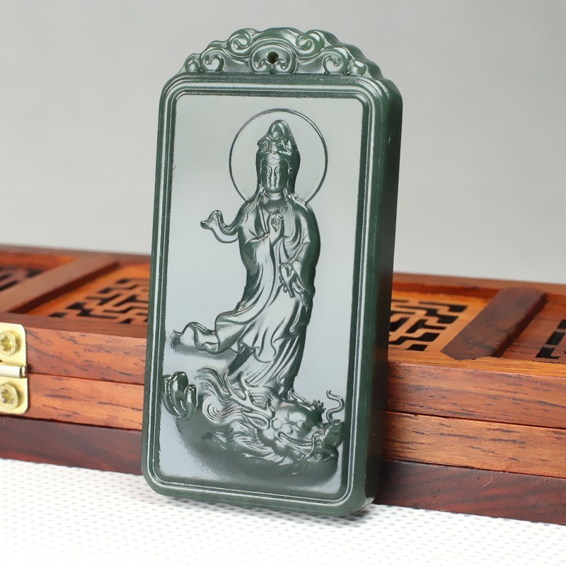 和田玉青玉观音玉牌真品玉石吊坠男士乘龙观音玉挂件牌子炫石为玉