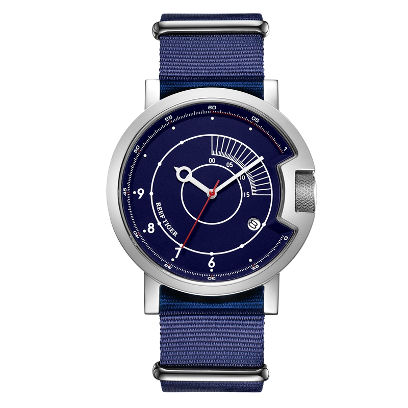 瑞夫泰格REEF RIGER正品手表户外男士创意全自动机械表男表尼龙带防水时尚潮流简约日历腕表RGA9035 白壳蓝面蓝带