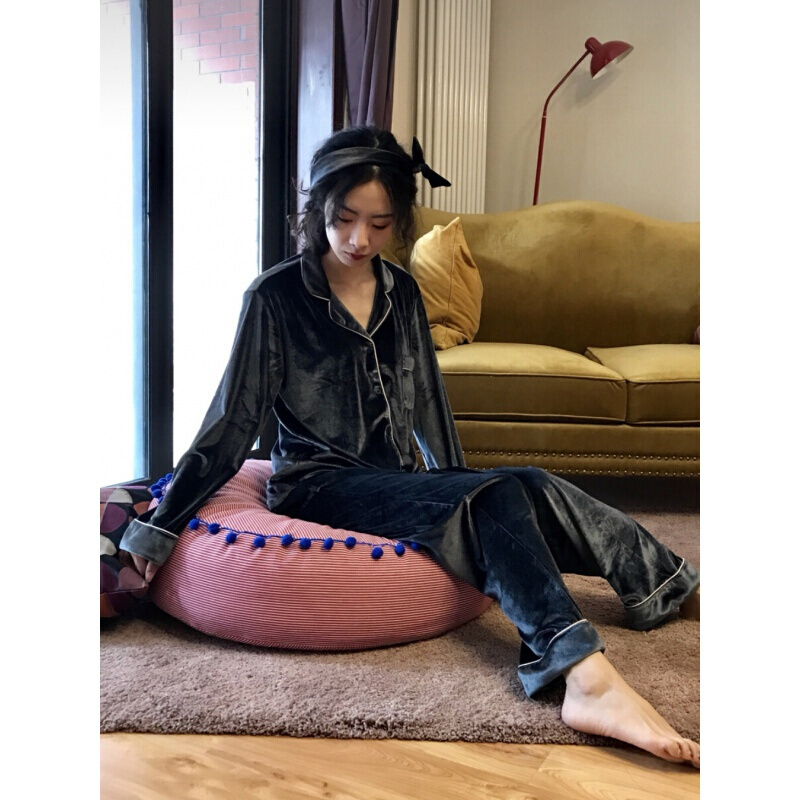 波迷娜(BOMINA)紫色丝绒睡衣男情侣睡衣女送发带长袖薄款秋季家居服网红款