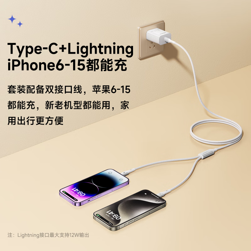 品胜PD30W氮化镓充电器苹果16promax快充套装配Type-C一拖二数据线通用iPhone15/14华为小米手机i高清大图