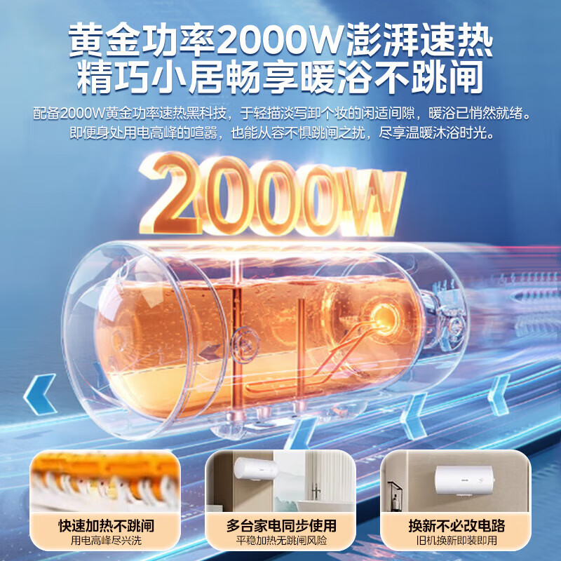 美的出品华凌电热水器 一级能效2000W速热 家用节能省电小户型租房优选 加长防电墙 无缝内胆F5020-KY1Pro(高清大图