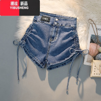 YIBUSHENG绑带抽绳牛仔短裤女季高腰显瘦包臀美式休闲女团辣妹短裤热闲 S 复古蓝