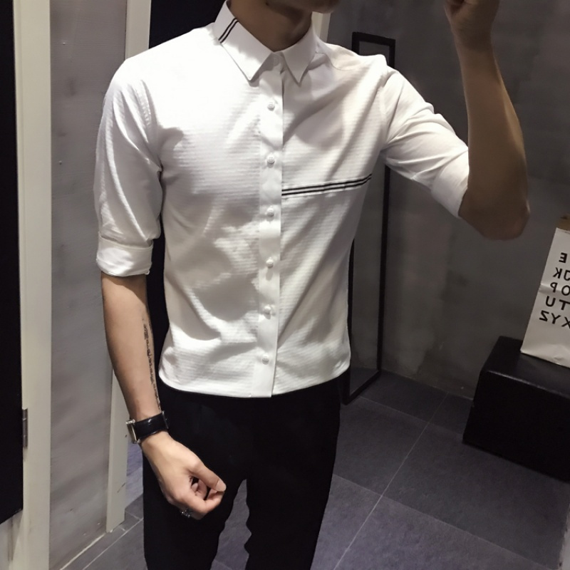 亚麻衬衫中袖五分袖夏款棉服韩版时尚男士衬衣2018新款短袖男