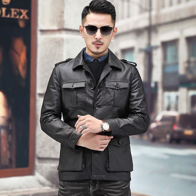 举翼王子新款海宁真皮皮衣男头层牛皮短款韩版修身翻领皮夹克中年夹克外套图片