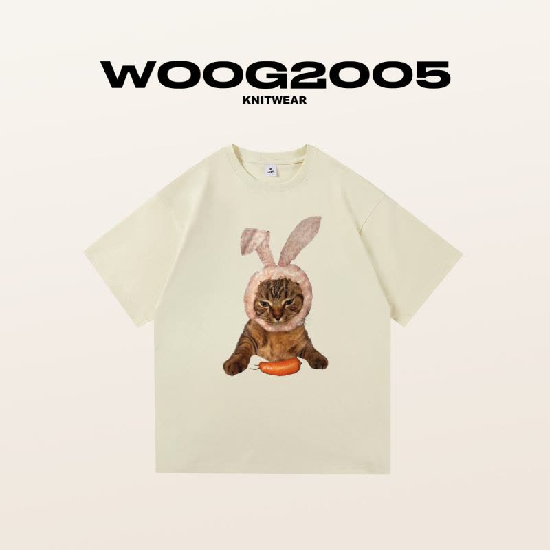 WOOG2005猫咪兔子趣味印花2022男士印花T恤ins潮男女同款圆领短袖图片