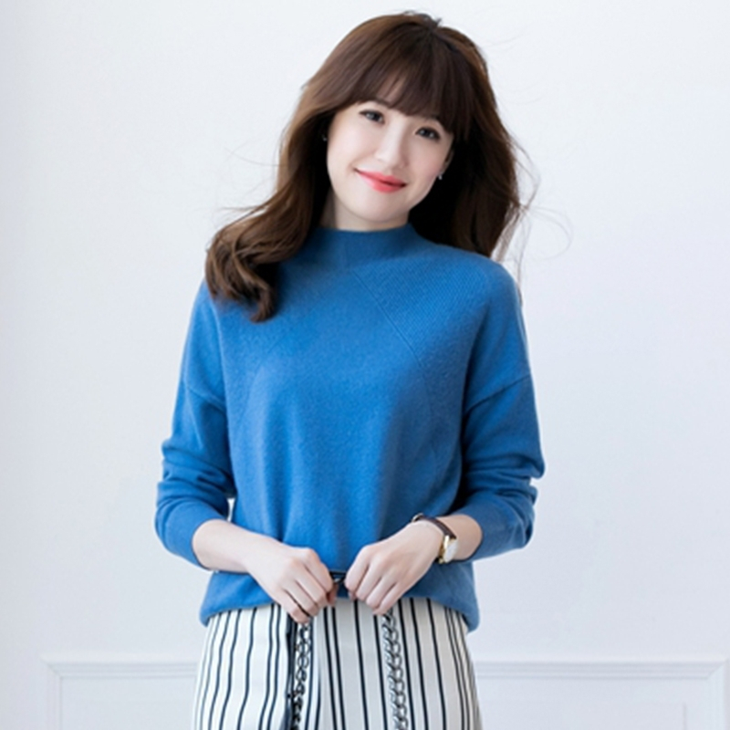 秋冬新款韩版半高领套头毛衣纯色宽松针织打底女暖色系纯羊绒衫