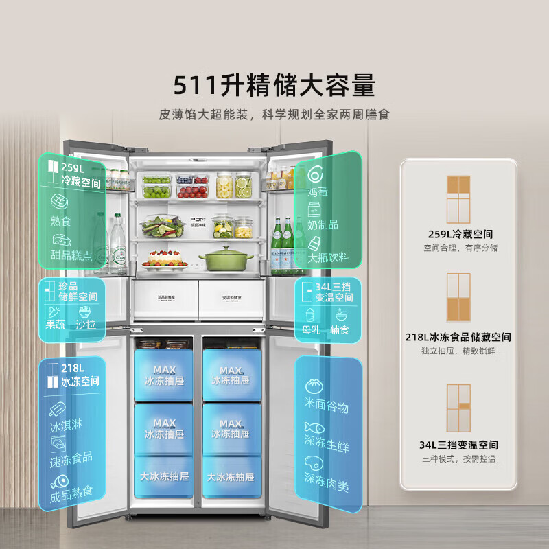 海信囤多多511L十字门冰箱超薄冷冻大容量新一级能效风冷无霜变频抗菌净味小冻梨冰箱BCD-511E3SCNKD灰高清大图