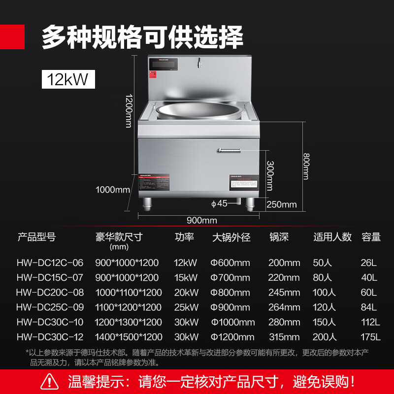 德玛仕(DEMASHI)商用电磁炉学校食堂酒店大锅灶炒炉灶具台HW-DC12C-06单头大炒锅12kw(201不锈钢)高清大图