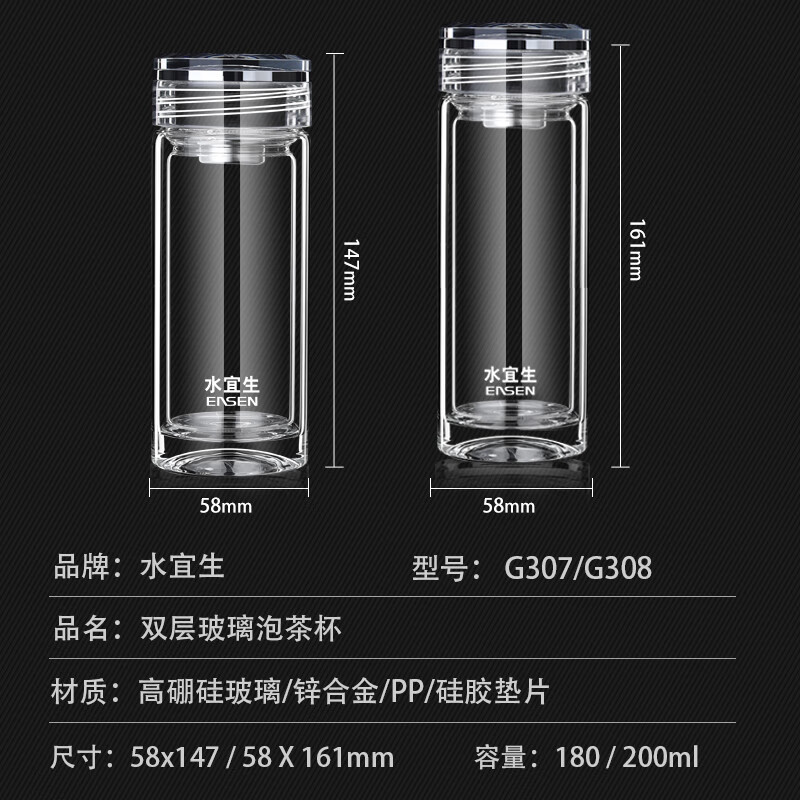 水宜生 180ML 双层玻璃杯 便携迷你泡茶杯 耐高温商务车载水杯 防烫带盖小容量杯子 G307高清大图