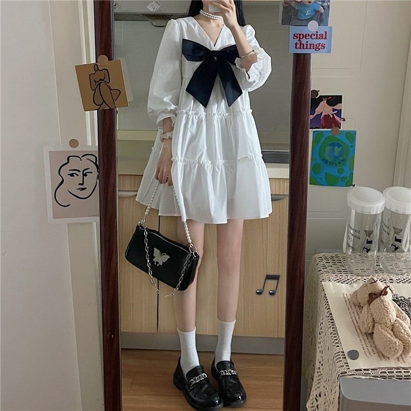 法式蝴蝶结仙女裙2021夏季新款减龄白色可爱公主裙子泡泡袖连衣裙 白色[短袖衬衫] S 建议[75-90斤]