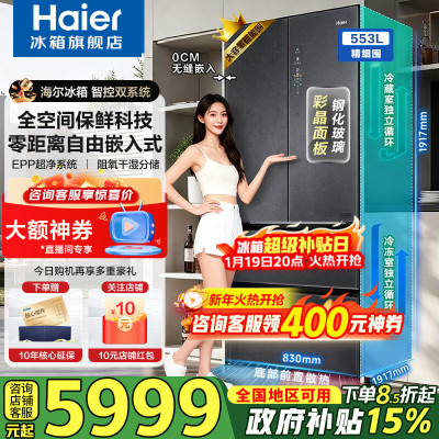 海尔（Haier）冰箱家用553升全空间保鲜零距离自由嵌入式对开门多门冰箱无霜一级能效超薄底部散热双系统电冰箱 553L