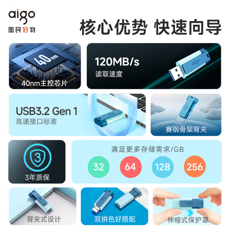 爱国者(aigo)128GB USB3.2 U盘 U132 背夹式 伸缩优盘 年轻双色好搭配 湖泊蓝高清大图