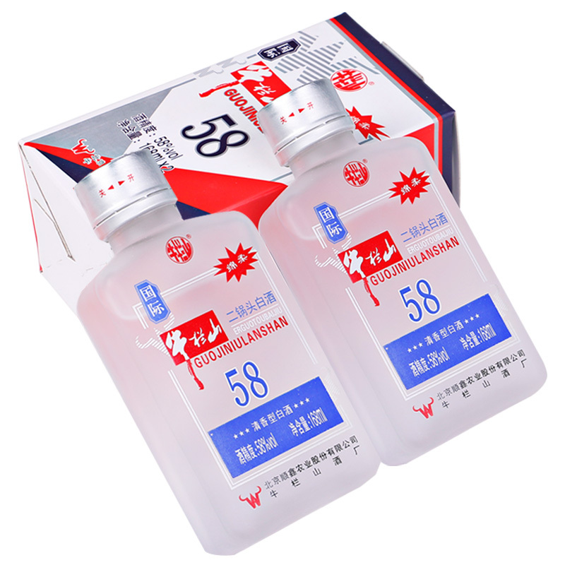 牛栏山 国际牛栏山二锅头白酒 清香型58度 小瓶酒 168ml*2 双瓶盒装
