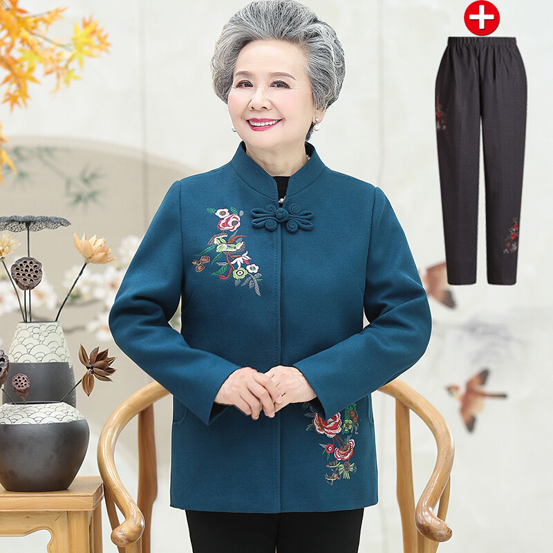迪鲁奥（DILUAO)奶奶装秋装毛呢外套中老年女装春秋款呢大衣老年人衣服唐装老太太妈妈装6 3XL建议120-135斤 蓝色(上衣+裤子)