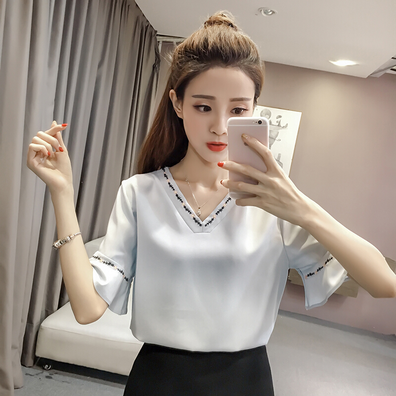 2018新款少女夏装短袖T恤女雪纺纯色学生刺绣宽松百搭上衣打底衫