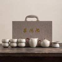 金镶玉 仿宋汝窑茶具套装 家用整套陶瓷西施壶泡茶功夫茶具送礼礼盒装 秋露米黄汝窑茶具套装 10头