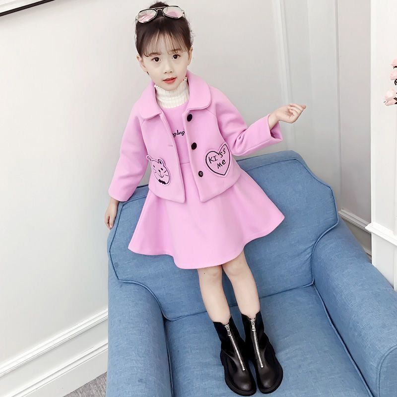 女童冬装新款毛呢套装童装女宝宝洋气小女孩儿童裙子两件套加绒