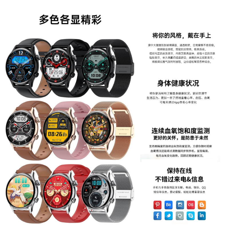 绘邦『官方正品』新款HK8Pro智能蓝牙手表通话血压监测NFC门禁离线支付信息提醒音乐腕表黑色黑网钢高清大图