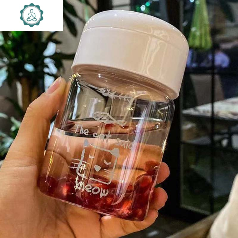 简约迷你玻璃水杯韩版创意学生少女潮流带提绳便携秋冬暖手水杯子 封