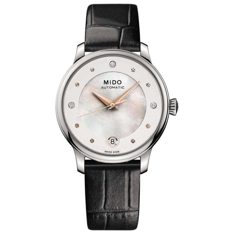 美度(Mido)瑞士自动机械表女款玫瑰金镶钻母贝面黑皮带27.9mm