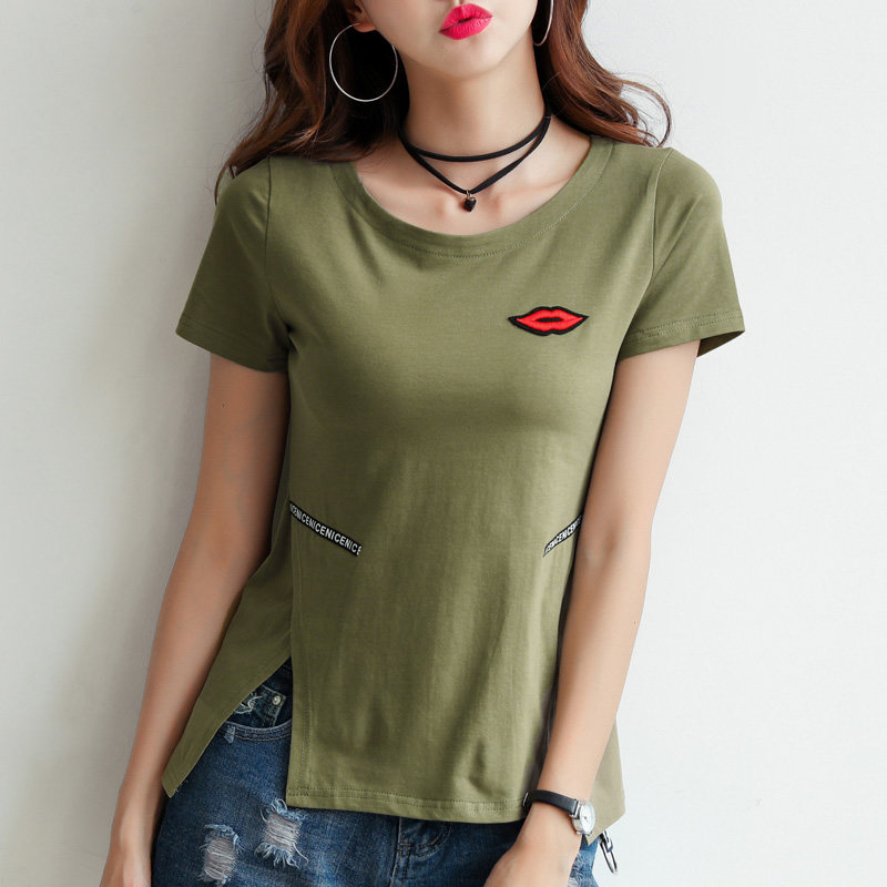 纯棉短袖t恤女2108夏季新款大码开叉修身显瘦纯色体恤衫百搭上衣 参数