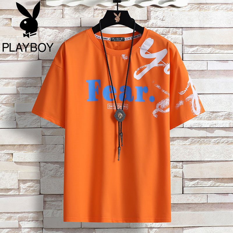 花花公子夏季原宿简约英文字母印花圆领新款学生男士短袖T恤潮牌
