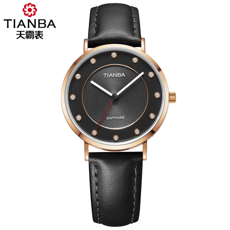 天霸(TIANBA)光彩系列光能太阳能进口机芯时尚商务休闲腕表国产品牌女士皮带简约光能表TL9006.01PK黑色