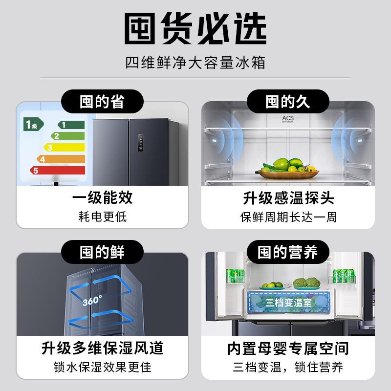 创维423升十字对开门冰箱四门 风冷变频一级能效 大容量BCD-423WXPSN