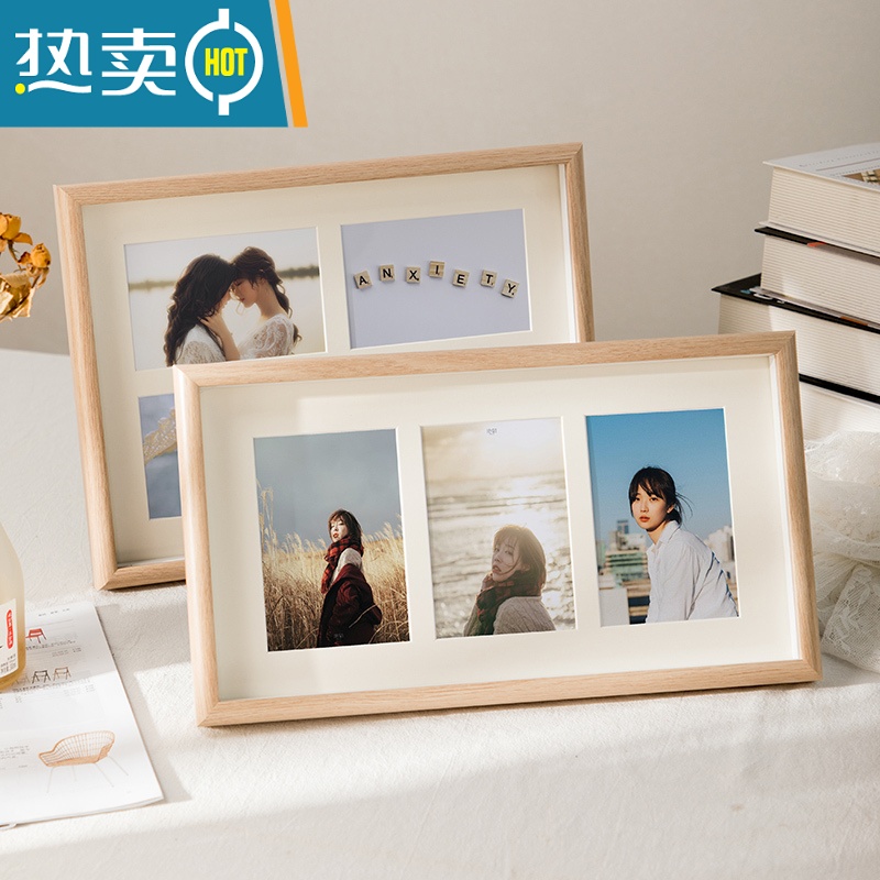 敬平简约创意相框摆台加洗照片四连组合相架情侣婚纱宝宝6寸相片像框 三联白橡木色(可放三张6寸照片10*15cm) 相框+高清大图